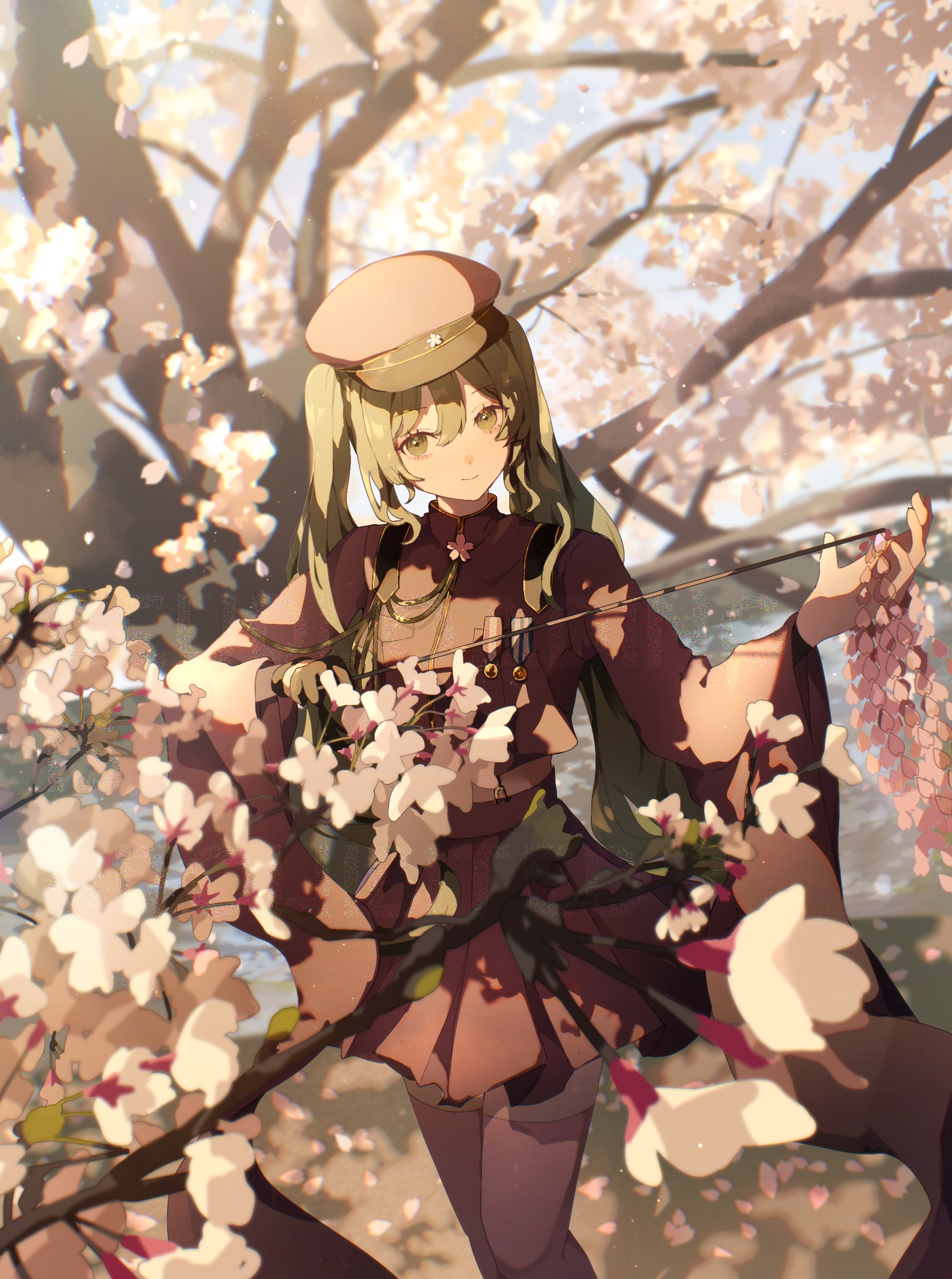 the image is a digital painting or illustration of an animestyle girl. she has long, bright green twintails and is wearing a militarystyle uniform with a beige cap.  the uniform is dark reddishbrown with gold detailing and appears somewhat elegant. she holds a thin string or wire that has a small cluster of cherry blossoms attached.  she is standing amidst a blossoming cherry tree, with pink and white sakura petals falling around her. the overall scene is peaceful and serene, with soft lighting and warm color tones creating a romantic spring atmosphere. the art style is detailed and painterly, with a focus on light and shadow to create depth. the girl's expression is calm and gentle.