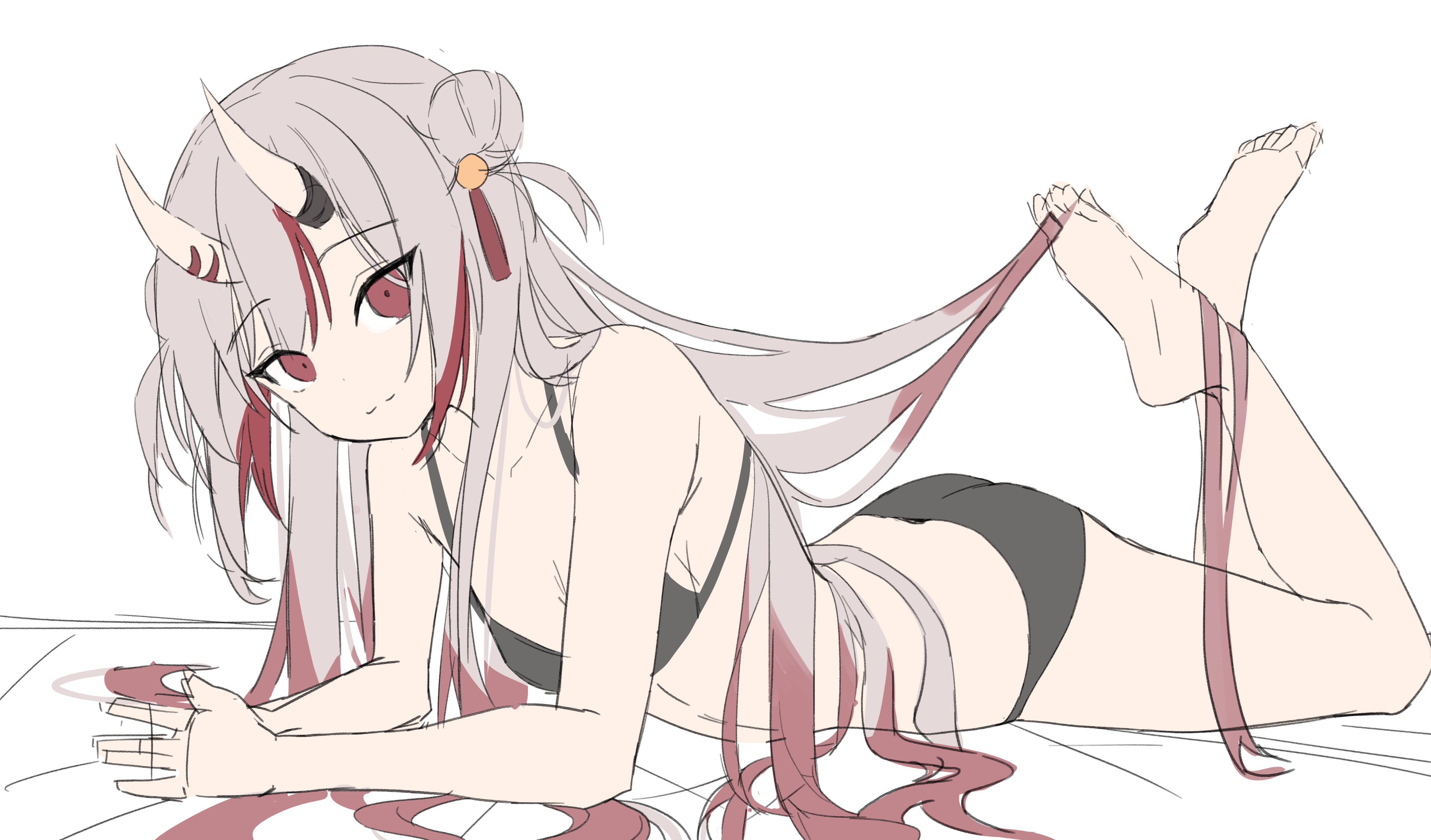 the image is a digital sketch of an animestyle girl with long pink and red hair and small horns on her head. she's wearing a darkcolored bikini top and panties and is lying down with ribbons wrapped around her legs and hair. the style is suggestive and somewhat seductive, with a focus on her body and pose. the drawing is done in a loose, sketchy style, suggesting a work in progress or a quick study. the overall aesthetic is soft and slightly dreamy.