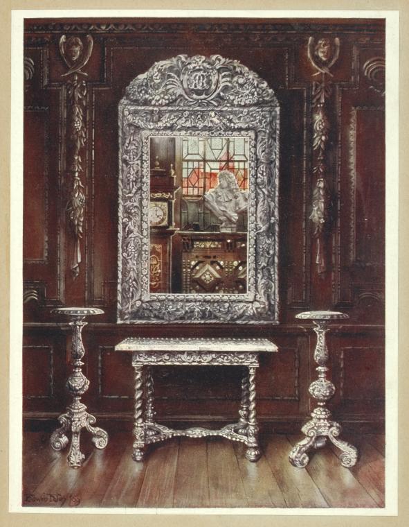a painting depicts a richly decorated interior with dark wood paneling. a large, ornate mirror hangs on the wall, reflecting a bust, a clock, and a window. beneath the mirror is a small, intricately carved table. two tall candlesticks flank the table.