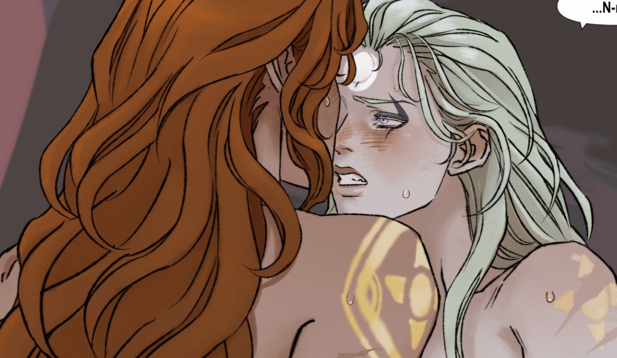 an illustration depicts a tense intimate moment between two characters. one character has long, flowing orange hair and their face is obscured, suggesting a focus on the other character. the second character, possibly male, has long blonde hair and a pale complexion, with a small moonshaped ornament on their forehead. they have sweat on their face and body, suggesting discomfort or stress. a gold tattoo adorns their upper arm. the expression on their face is strained, with a slightly open mouth and wide eyes. the overall impression is one of unease or reluctant involvement.