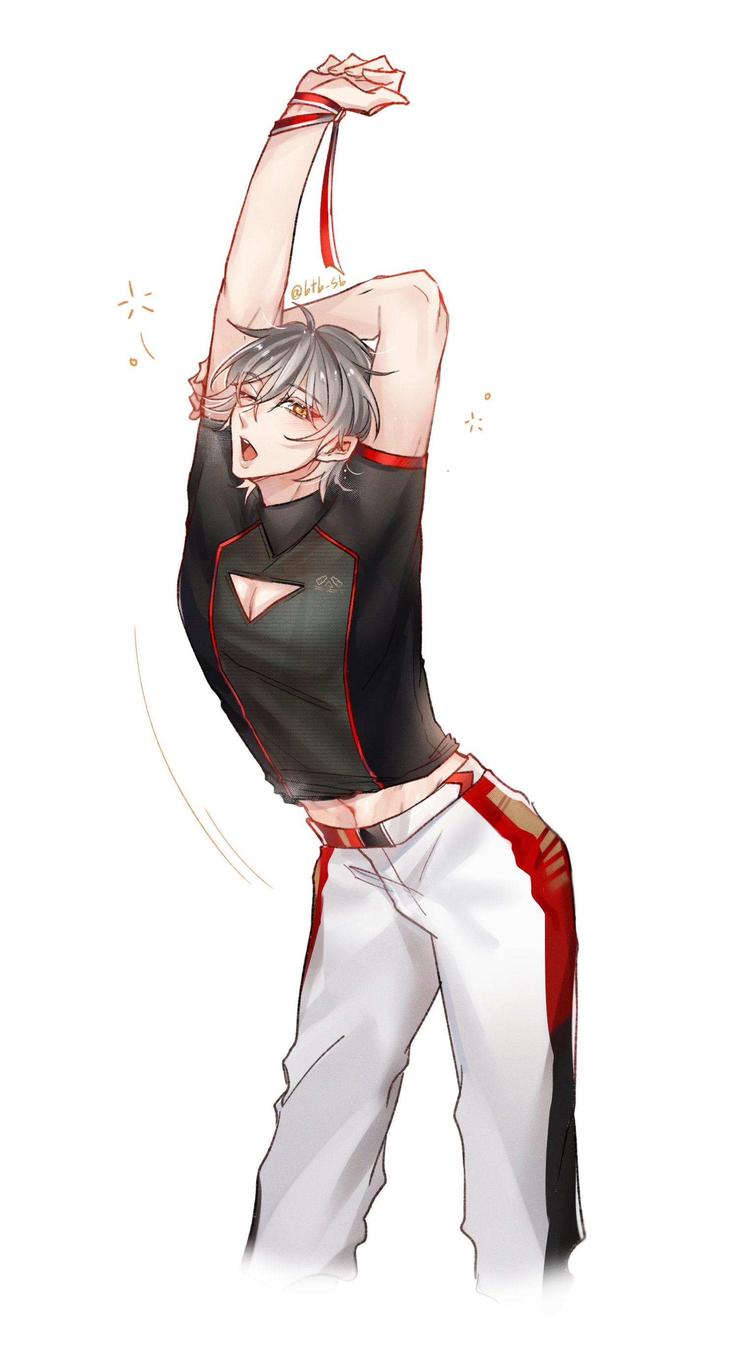 an animestyle illustration of a young male character with short white hair and yellow eyes. he is wearing a black and red shirt and white pants with red and black stripes. he is smiling and stretching his arms above his head, looking cheerful and friendly. the art style is colorful and detailed, with soft shading and a slightly blurred background.