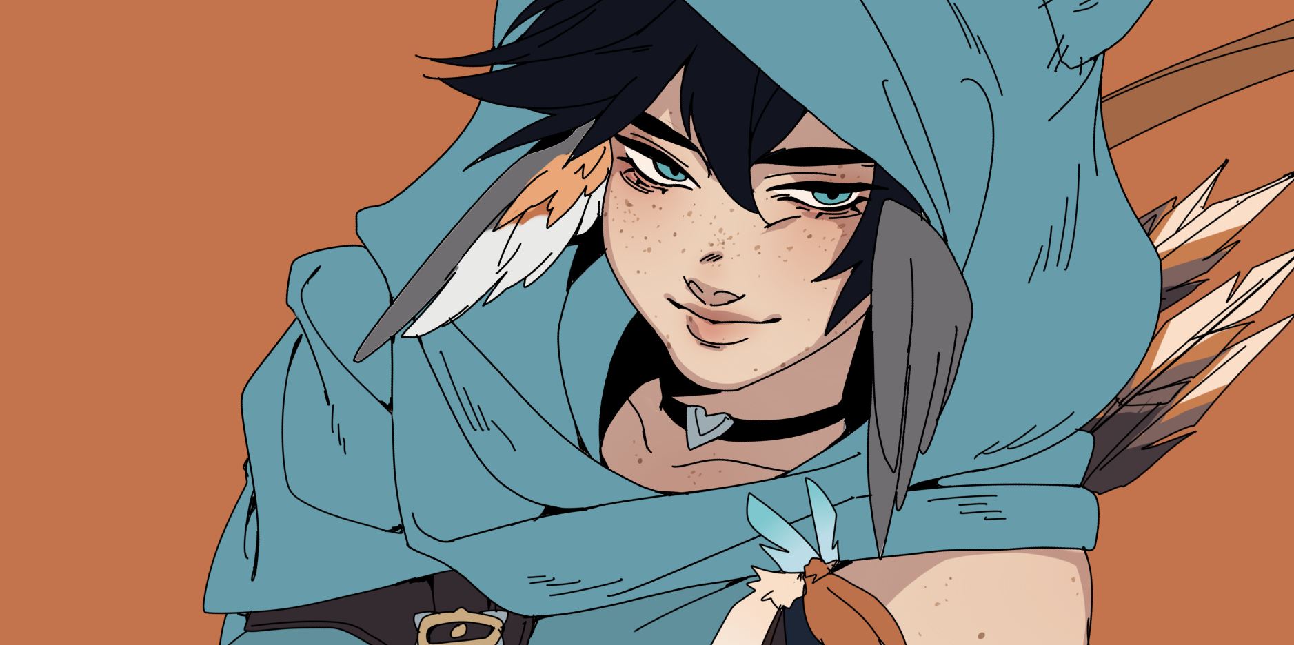 this is a digital illustration of a female anime character. she is dressed in a blue hooded cloak with feathers on it. she has black hair and freckles on her face. she is smiling and appears to be a confident warrior or adventurer. she is holding a bow and arrow in her right hand.