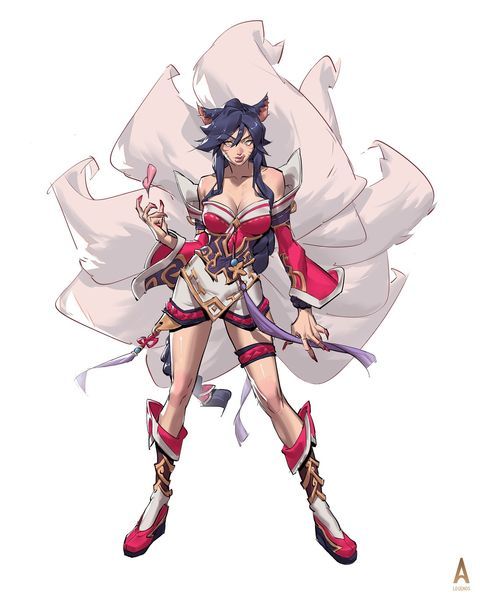 the image is a stylized digital painting or fanart of ahri, a popular character from the video game league of legends.  she is depicted in a vibrant red and white outfit reminiscent of a kimono, with nine flowing white tails behind her, suggesting her fox spirit nature. ahri's expression is confident and powerful.  the art style is animeinspired, with sharp lines, expressive features, and dynamic posing. the overall aesthetic combines elements of fantasy and elegance.  a subtle "a" logo is visible in the bottom right corner, possibly indicating the artist's signature or affiliation.