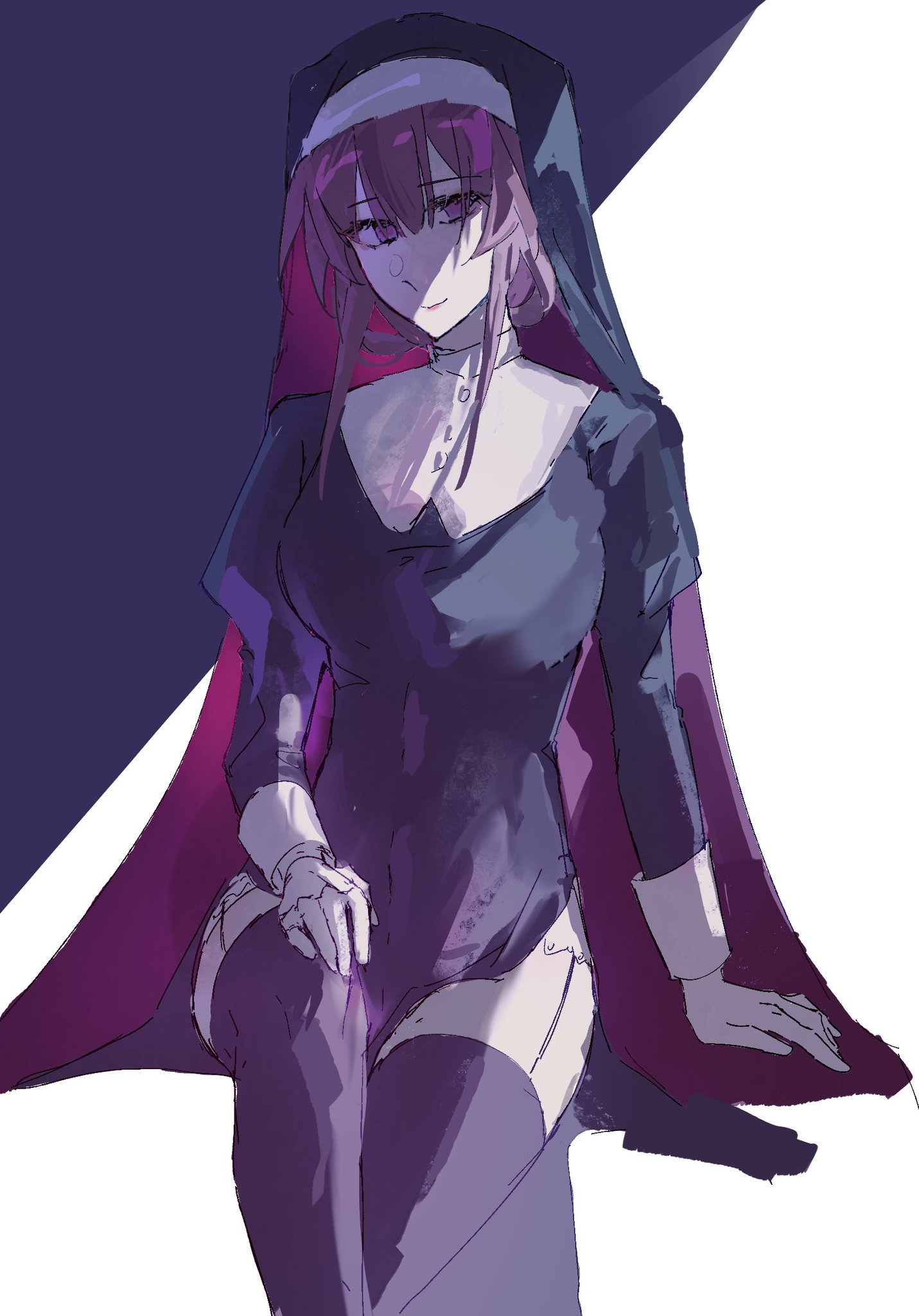 an anime girl dressed in a black dress and  a nun's hood is sitting with her legs crossed. the girl is facing the left of the frame, with her hands crossed in her lap. the background is a gradient of light and dark purple and white.