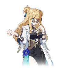the image shows a full shot of an animestyle female character with blonde hair styled in a partial updo. she has striking blue eyes and is wearing a white jacket over a dark, possibly black, dress. she is also wearing glasses. a vibrant blue flower is prominently featured on her outfit. the character is posed with one hand slightly raised, and there are ornate details in her attire and accessories.