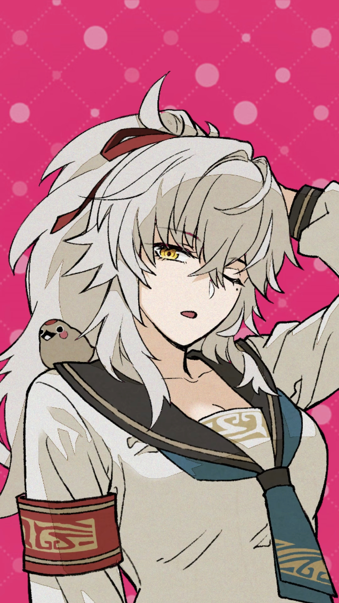 he image is a stylized animestyle illustration of a girl with long, wavy whitegrey hair and striking yellow eyes. she is wearing a sailorstyle uniform consisting of a light beige top and a tealcolored tie,  adorned with patterns, as well as a red armband with a similar pattern. a small snakelike creature is perched on her shoulder. she has a subtle smile and a wink, and the background is a bold pink with a pattern of white polka dots. the art style is akin to manga or light novel illustrations.