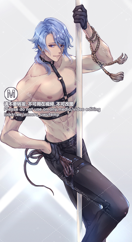 an anime boy with blue hair and a silver pole is in the middle of a pole dancing routine. he is wearing black gloves and a black harness and grey pants. he is facing the side, with his back to the viewer. the background is white.