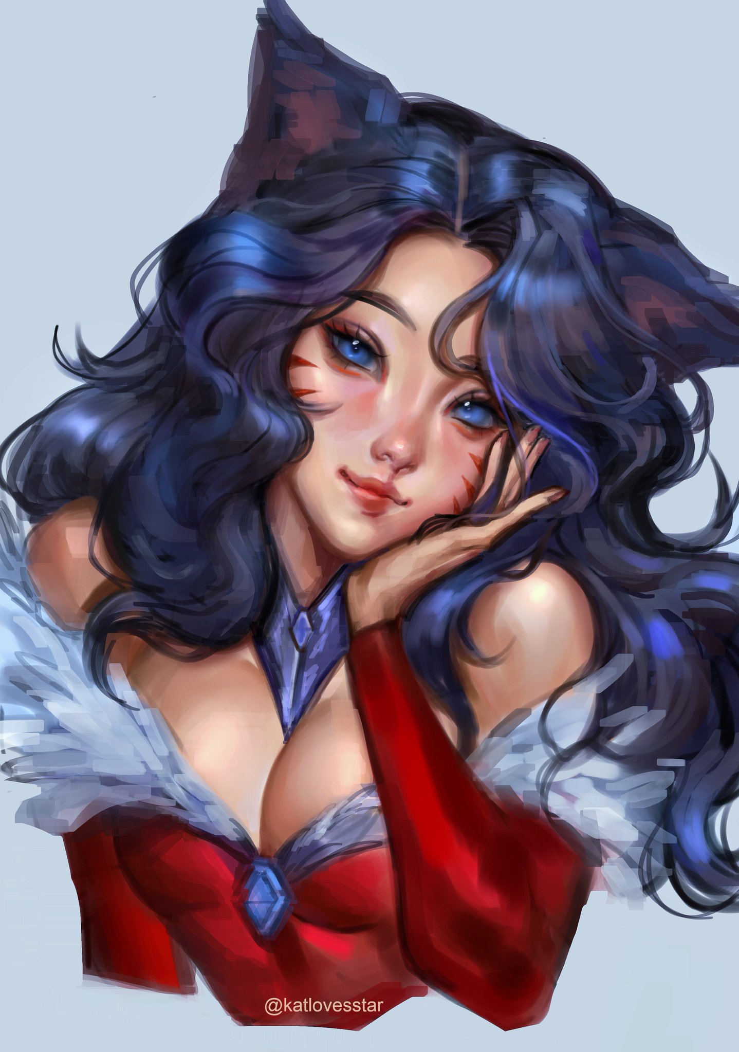 a digital painting of ahri from league of legends. she has fox ears, blue eyes, wavy blue and black hair, and red marks on her face. she is wearing a red dress with white fur trim and has her hand resting on her cheek. the artist's watermark, @katlovesstar, is visible at the bottom of the image.
