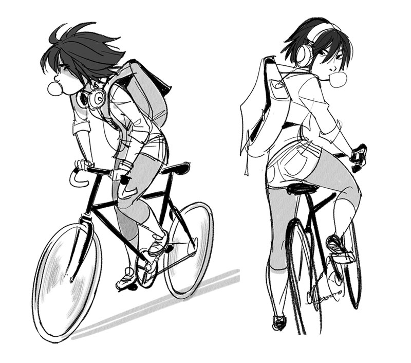 the image shows two black and white sketches of a young woman riding a fixed gear bicycle. she is wearing headphones, a backpack, and blowing a bubble with her gum. the sketches capture a sense of movement and energy, with the woman leaning into the turns and her hair flowing in the wind. the background is minimal, suggesting an urban environment.