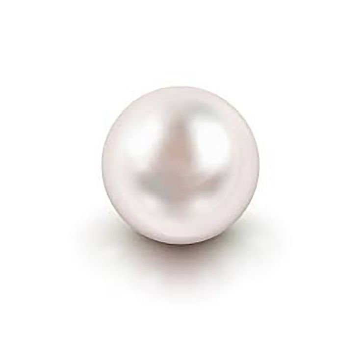 a close up image of a single white pearl, isolated on a white background. the pearl is round, smooth and shiny, and has a slight iridescent glow.