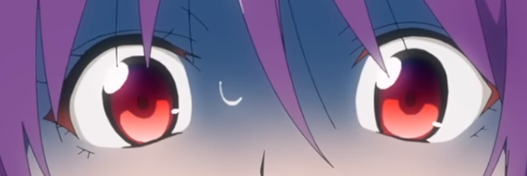 a closeup illustration of a young anime girl with purple hair and wide, red eyes. her expression suggests surprise, shock, or fear. the lighting is soft, and the color palette is dominated by purples, pinks, and reds.