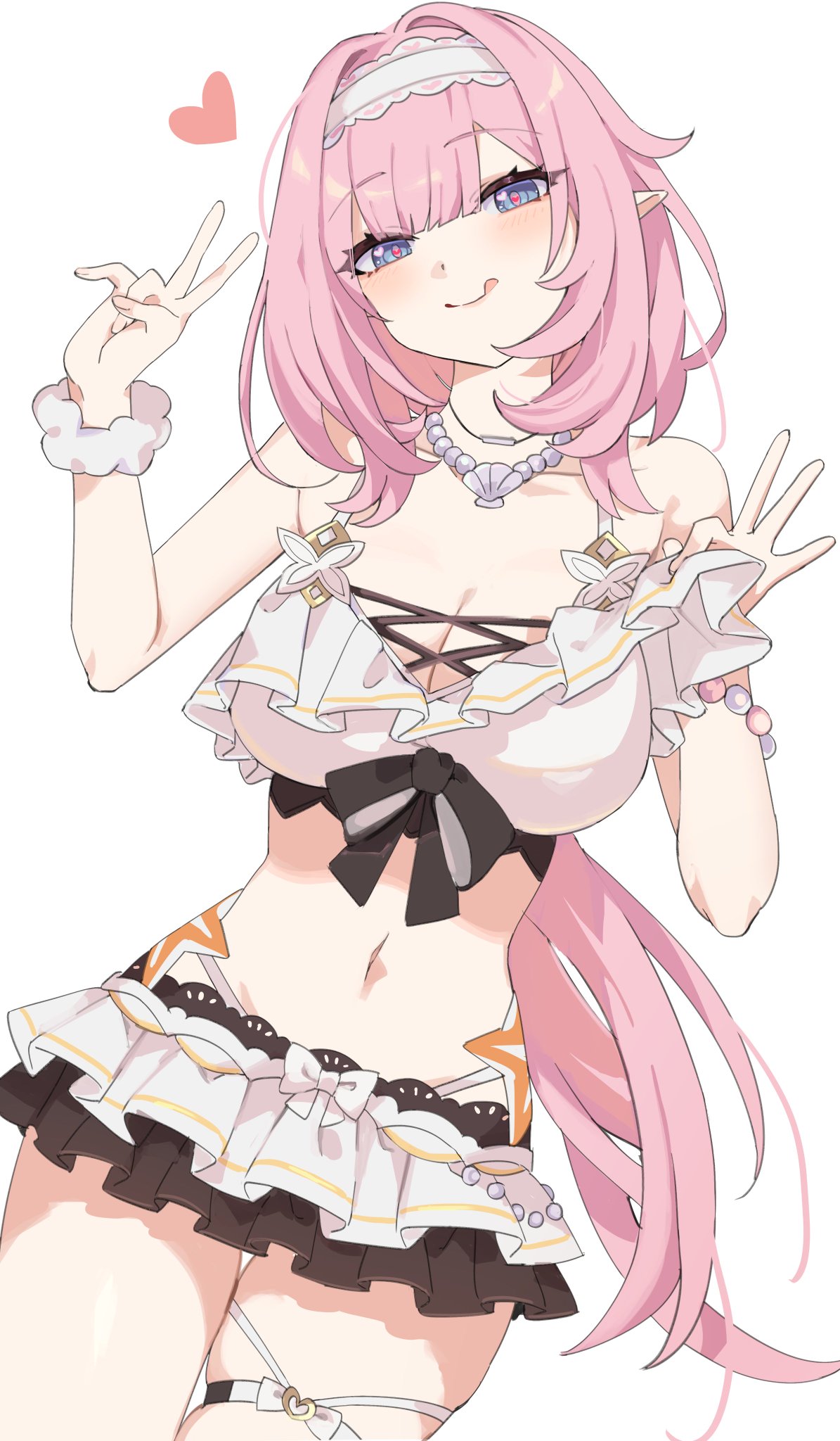 the image shows a cute anime girl with long pink hair, wearing a white top with black bow and white skirt with ruffles. she is smiling and making a peace sign with her left hand, holding a heart in her right hand. she is wearing a pearl necklace with a seashell pendant, and her outfit is decorated with stars and pearls. the overall style suggests a beach or ocean theme, making the character look like she is on summer vacation.