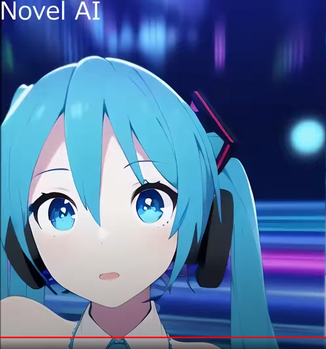 an anime girl with long blue hair and headphones looks to the left with her mouth slightly open. the background is blurred and features bright lights, suggesting an indoor setting like a club. the text "novel ai" appears in the top left corner, implying the image may have been generated using ai.