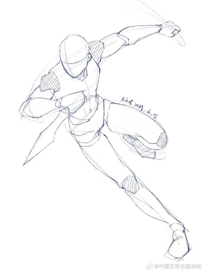 the image is a pencil sketch of a dynamic figure in action. the figure appears to be a superhero or character from an anime/manga style. the artist has captured the movement and energy of the figure through a series of flowing lines and dynamic posing. the sketch is detailed enough to show the underlying anatomy and musculature of the character, while also suggesting the costume and other details.  the style is light and loose, with a focus on the gesture rather than highly rendered details.  the sketch is presented on a white background.