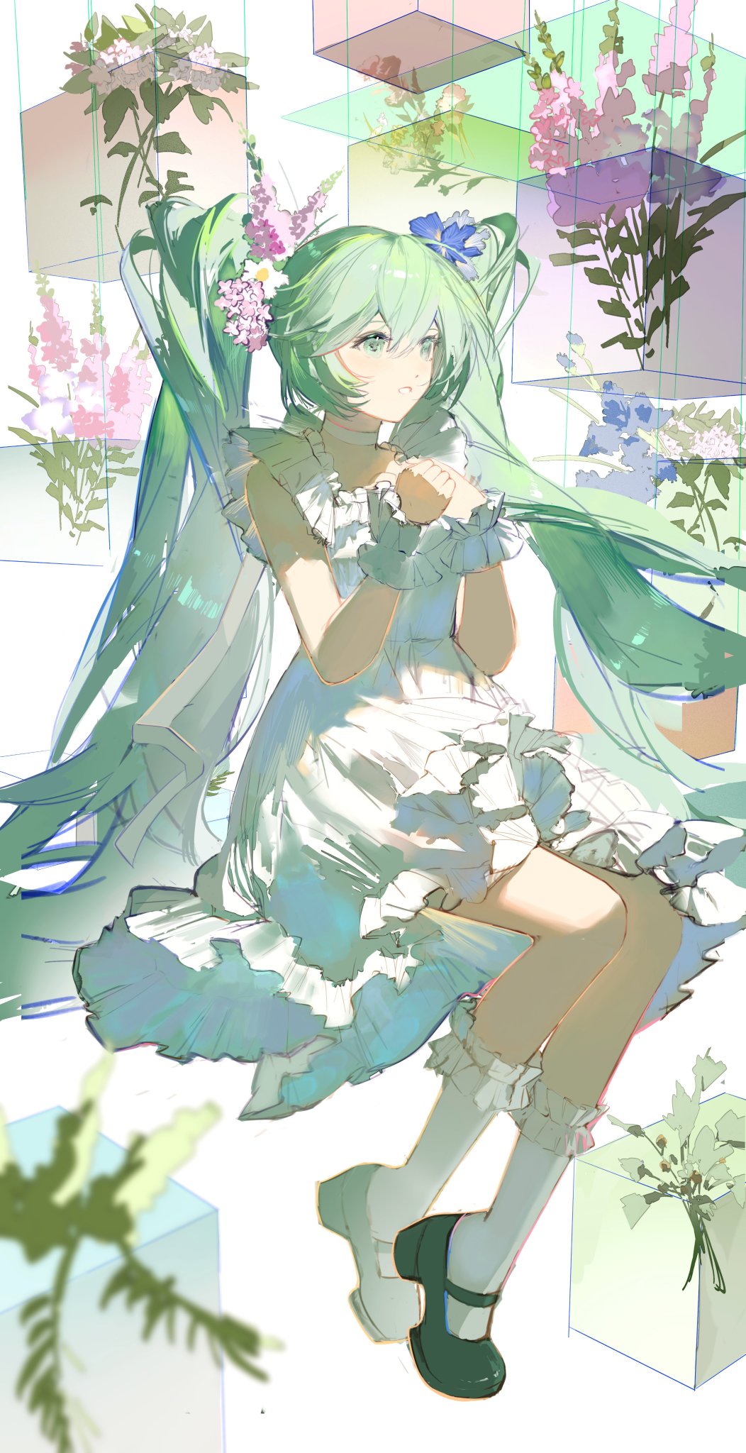 the image is a digital illustration of an anime girl who appears to be hatsune miku. she has long, bright green twintails adorned with flowers.  she's wearing a white, frilly dress and dark shoes. she's depicted sitting with a serene expression.  the background features many pastelcolored, transparent boxes with various flowers floating around her. the overall style is soft, delicate and has an ethereal or dreamy quality to it.  the colors used are mostly light and pastel shades of green, white, and pink.