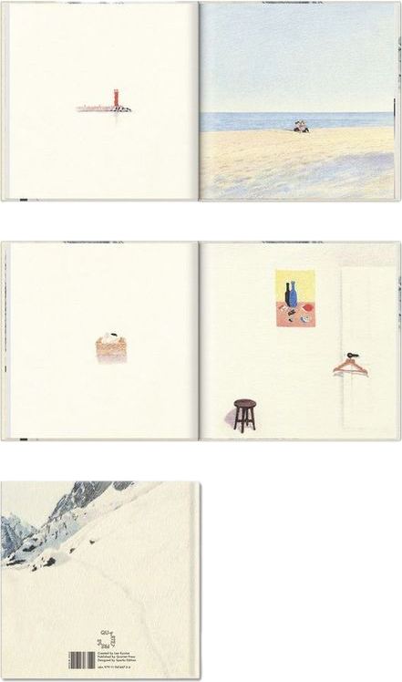 a book is open to reveal 4 different drawings. the first spread shows a red tower on a beach with a person sitting on the sand. the second spread features a drawing of a wooden stool and a few bottles on a pink table with a black bird in the background. the last spread is blank with the mountains on the back cover visible.