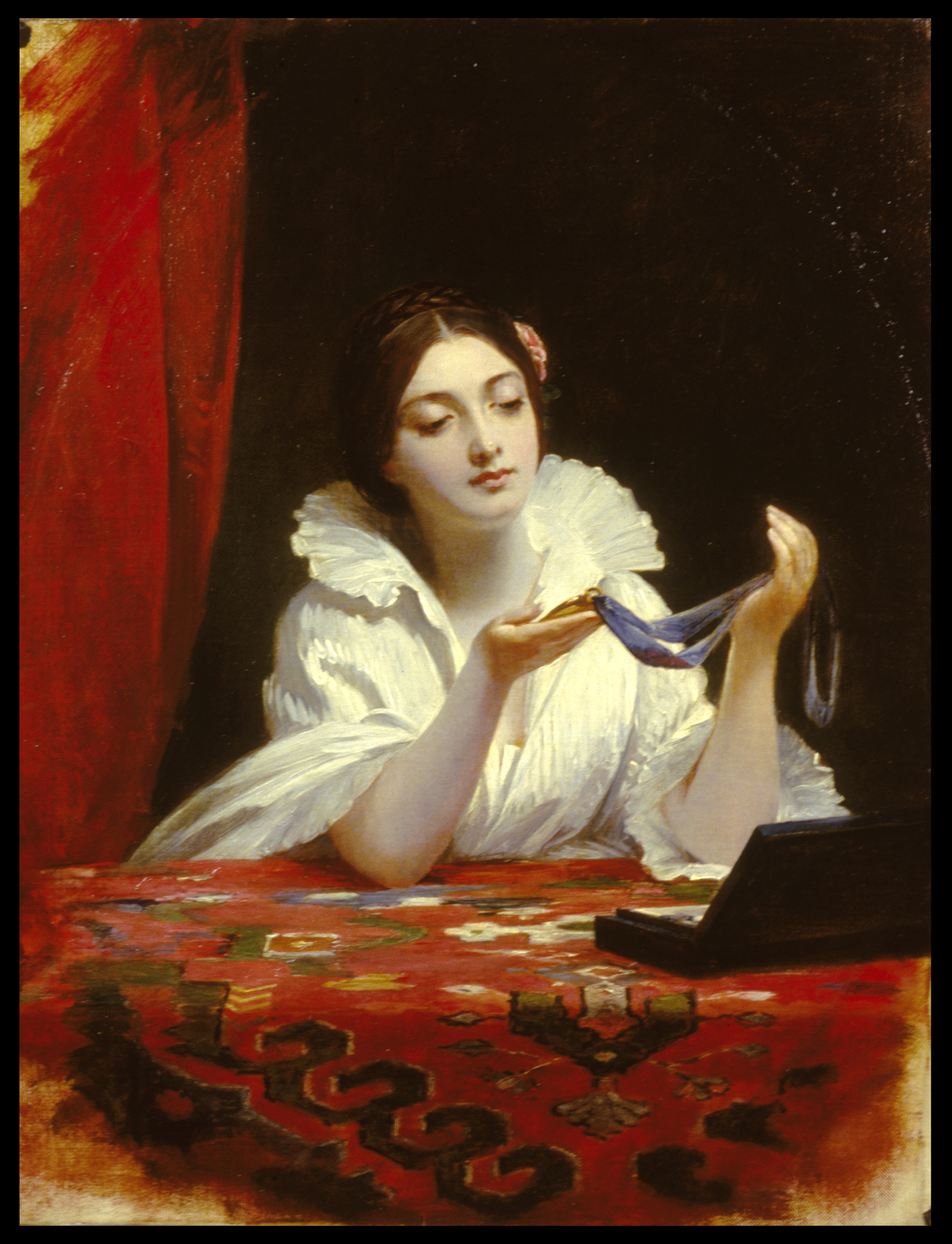this is a painting of a woman in a white dress with a large lace collar. she is seated at a table covered with a red carpet. on the table is a jewelry case and she is holding a blue ribbon, seemingly examining it with a thoughtful expression. there is a red curtain in the background. the painting style is reminiscent of historical portraits, giving it a vintage feel.