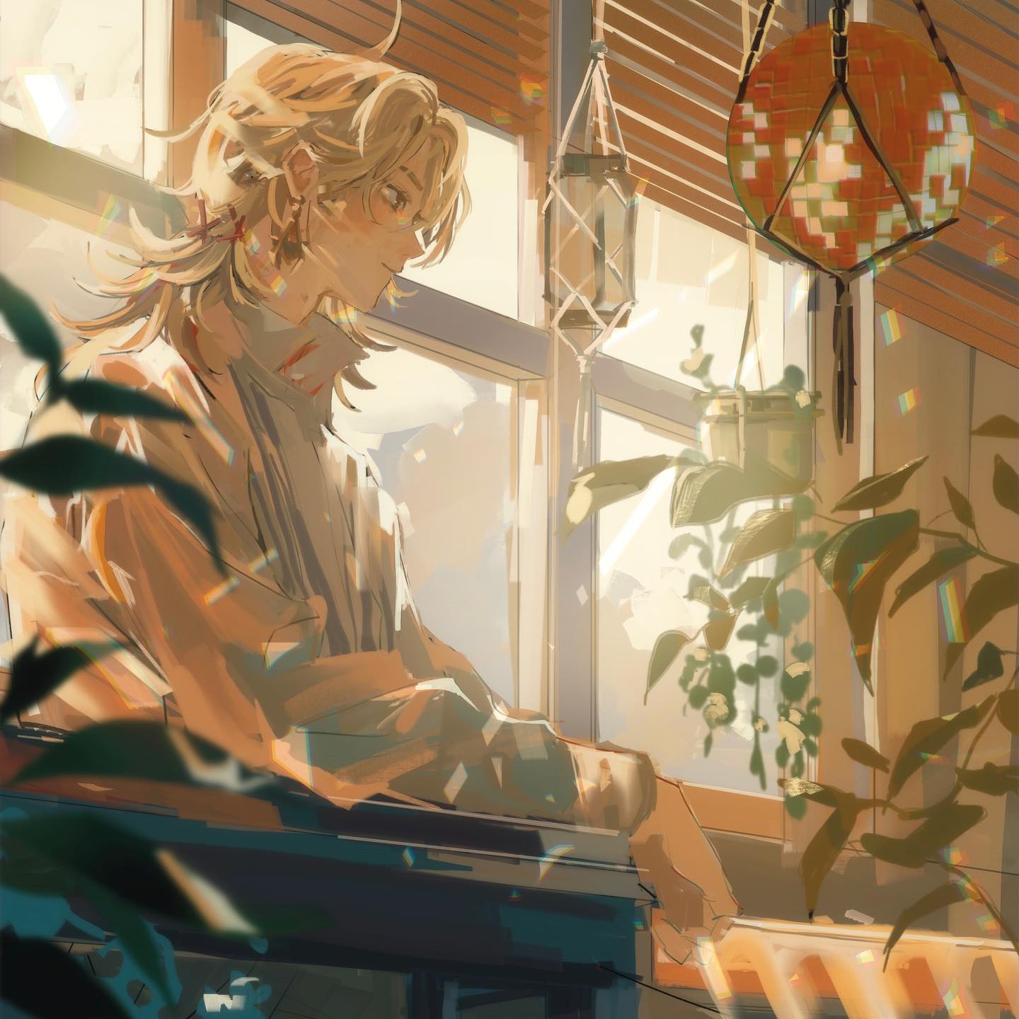 the image is a digital painting or illustration depicting an animestyle young man with long blonde hair. he is sitting by a window in a room filled with sunlight.  the room has a boho or eclectic decor with hanging macrame plant holders, and a textured hanging light fixture. several potted plants are visible, adding to the relaxed, peaceful atmosphere. the overall style is artistic and painterly, with soft lighting and a focus on the calm and tranquil ambiance of the scene. the young man appears serene and contemplative.