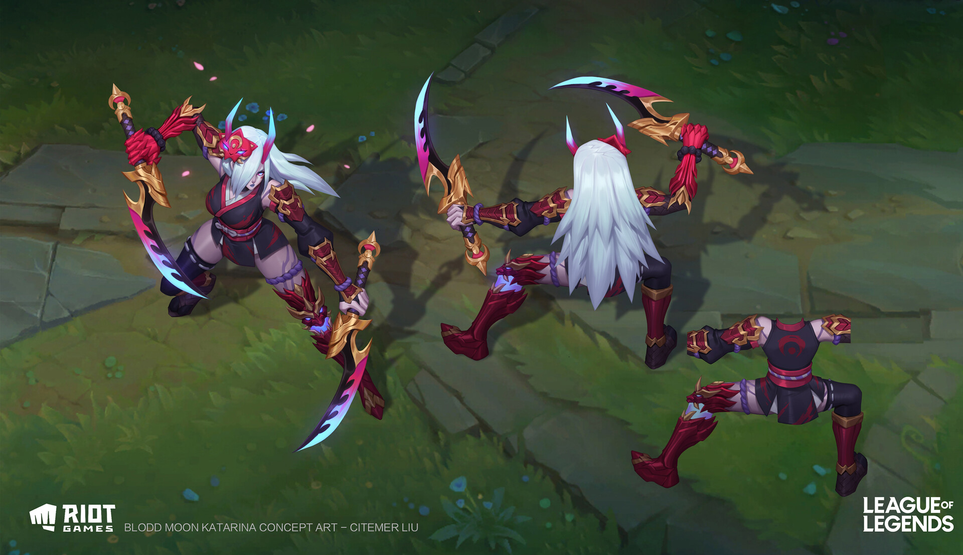 this is a concept art piece for the blood moon katarina skin in league of legends, created by citemer liu for riot games. the image shows the character from multiple angles, showcasing her design in detail. katarina is depicted as a female warrior with long white hair, wearing a red and black outfit with ornate armor elements and a demoninspired mask. she wields two curved katanas with red and blue accents. the background features a stylized ground texture evocative of a video game environment.  the image is professionally rendered in a style that mixes anime/manga aesthetics with a more western video game art style.  there's also a separate view of her torso and legs, showing the costume details.