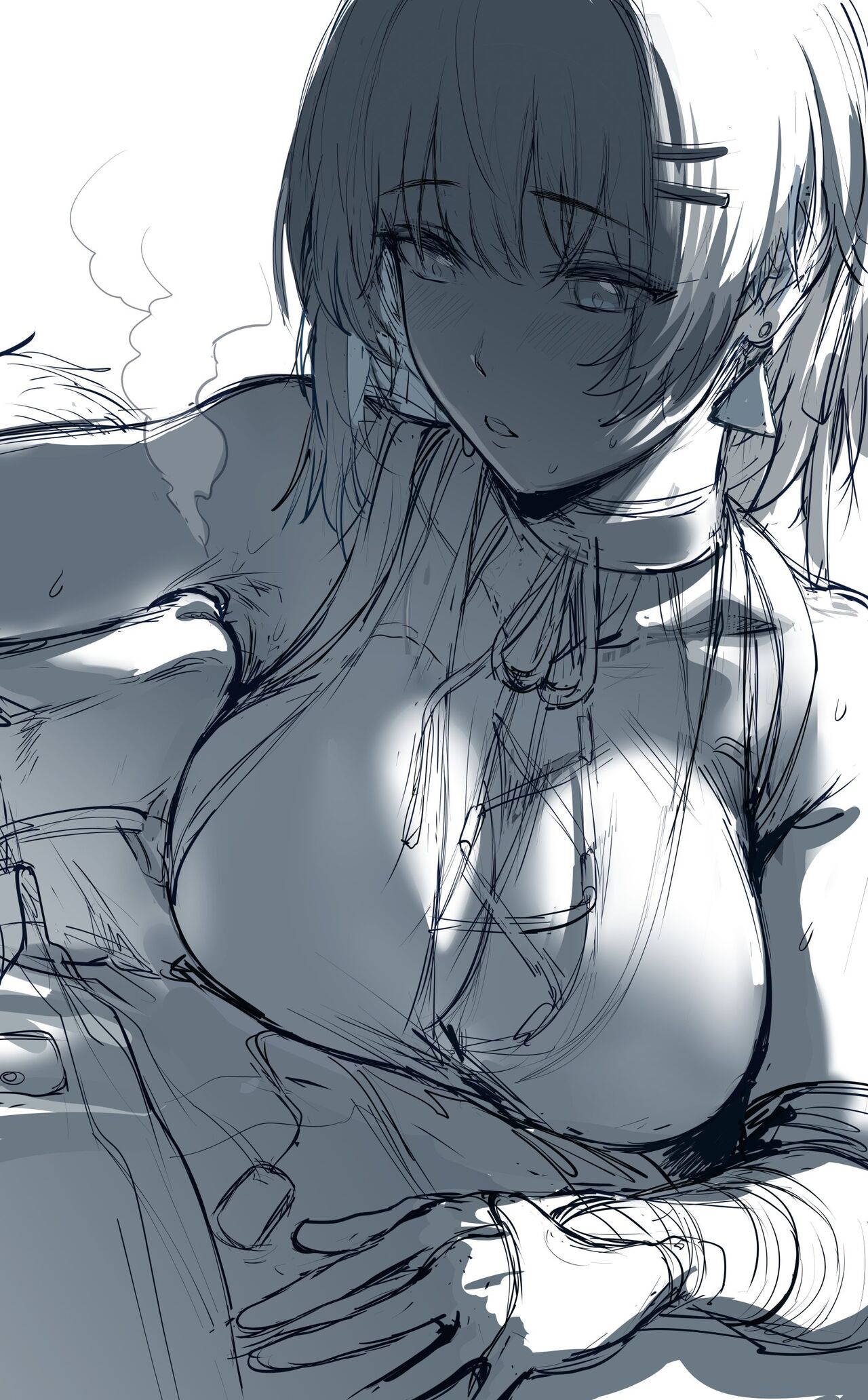 the image is a detailed grayscale sketch or digital painting of a young woman with animestyle features.  she has long, lightcolored hair partially covering her face, and she's wearing a formfitting, lowcut dress with a laced or tied neckline.  the style is suggestive, but not overtly sexual. the lighting in the drawing is dramatic, emphasizing the curves of her body and creating strong contrasts of light and shadow. the overall mood is one of pensive beauty or subtle melancholy. the level of detail and shading is quite high, giving the impression of a polished workinprogress. the background is mostly plain, keeping the focus squarely on the character.
