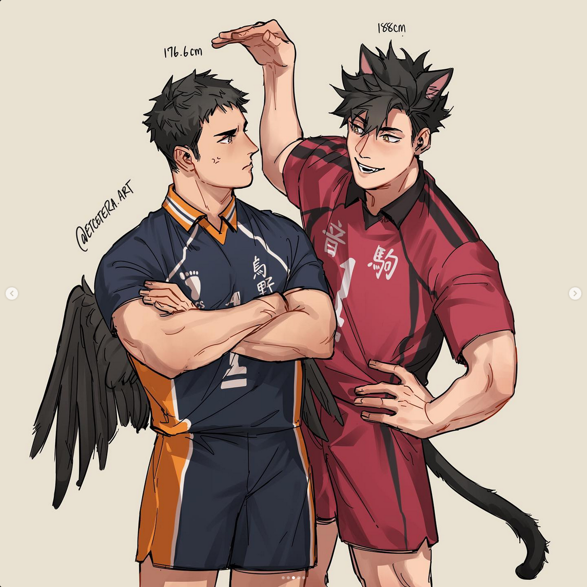 two muscular men are positioned sidebyside. the man on the left has dark spiky hair, black wings, and is wearing a black and white volleyball uniform.  the man on the right has black, piecey hair with cat ears, sharp teeth, and is wearing a red and black volleyball uniform. the man on the right is holding his hand above the other man's head to measure their height difference.  there are japanese characters visible on their uniforms, as well as on their arms.