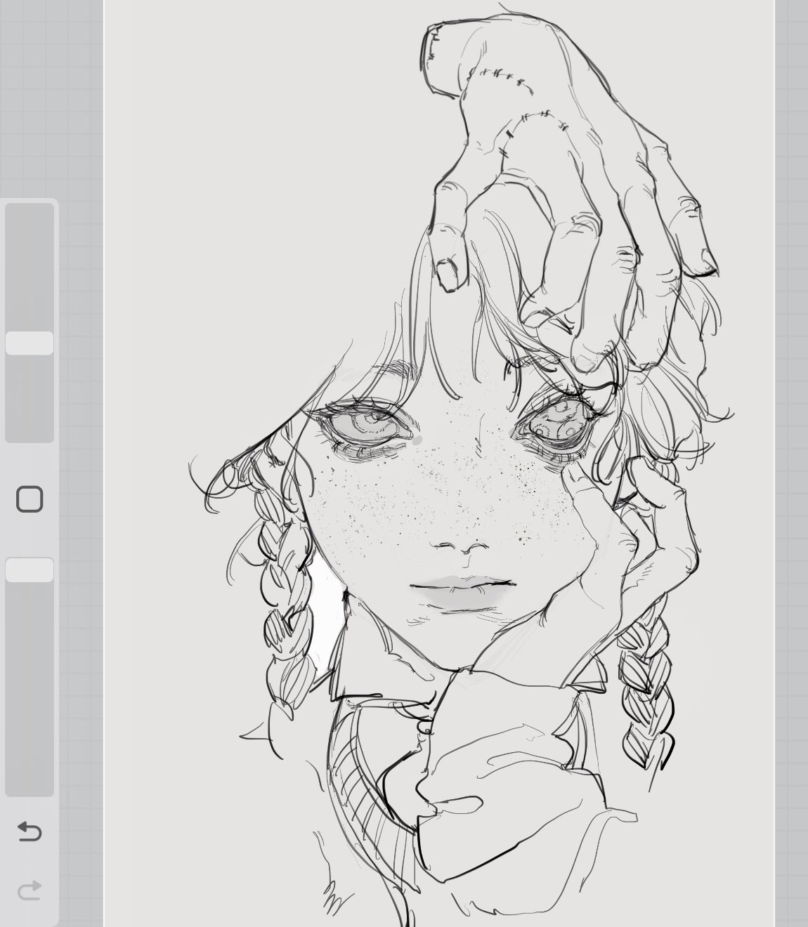 a simple and elegant line drawing of a young woman with braids, her face partially covered by her hand, with her eyes looking away from the viewer. the drawing is detailed and shows the woman's facial features, including freckles, in a delicate and subtle way. the overall impression is one of mystery and beauty.