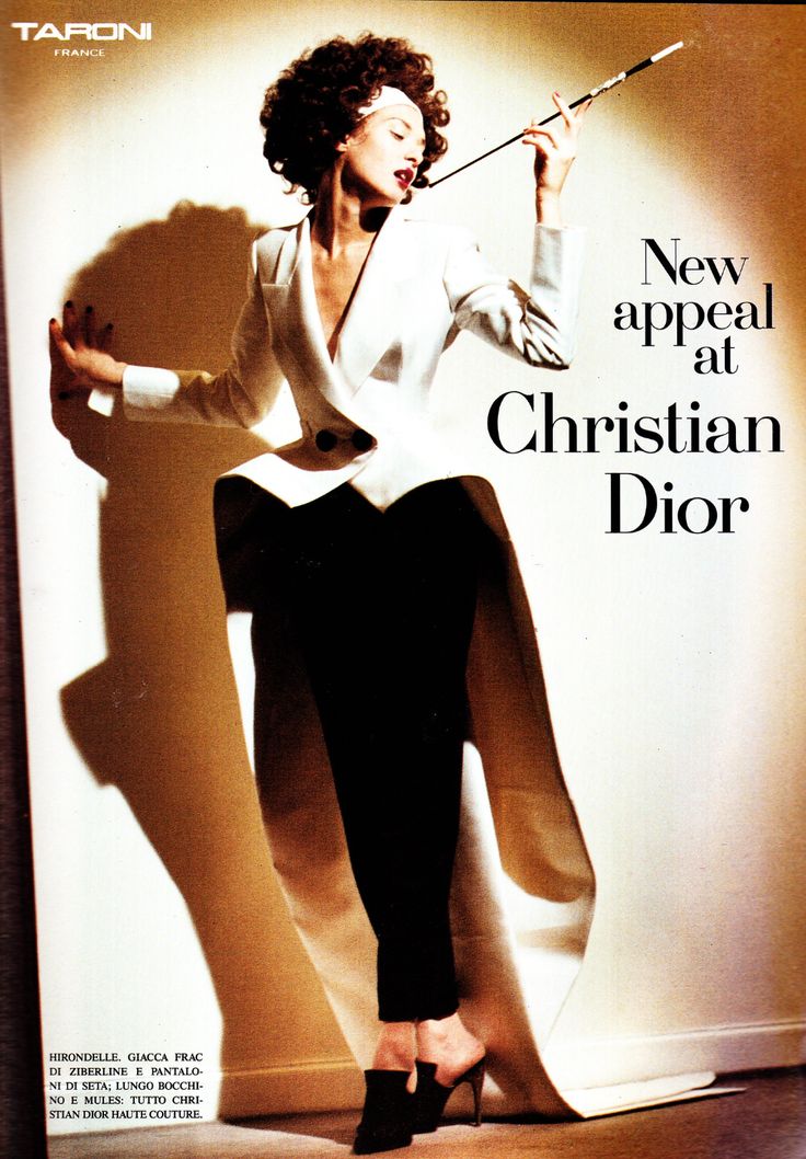 a vintage fashion advertisement for christian dior featuring a model wearing a white jacket, black pants, and mules. the model is holding a cigarette holder and the text "new appeal at christian dior" is visible. the image also includes text in italian describing the clothing. the brand "taroni france" is on the left upper corner.