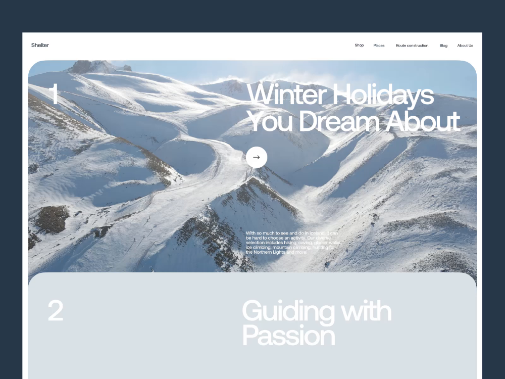 this image is a website design for a travel company that specializes in winter holidays in iceland. the website features a beautiful image of snowcovered mountains in iceland. the website also includes a call to action to learn more about the company's services. the website is designed to be visually appealing and informative, and it effectively communicates the company's brand message.