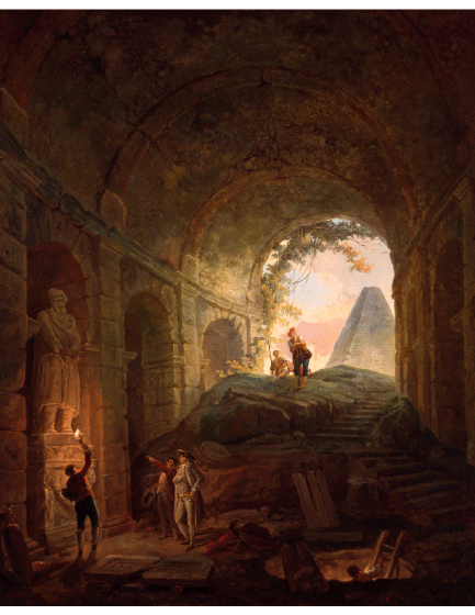 the image is a painting depicting a group of figures exploring the ruins of an ancient architectural structure. the scene is illuminated by the light filtering through the arched opening in the distance and the torch held by one of the figures. the ruins consist of stone arches, vaults, and a statue, indicating the remains of a oncegrand building. beyond the ruins, a pyramidlike structure is visible in the background. the figures are positioned in various locations, some pointing and observing, while others climb the stone stairs leading to the outside. the painting captures a sense of mystery, history, and exploration within the context of ancient ruins.