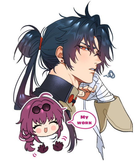 this image is an animestyle illustration of a male and female character. the male character is on the left side and the female character on the right. the male character has long black hair tied up in a ponytail and has a red eye. he's wearing a black, grey and brown coat and has a bandage on his right arm. he is facing the right, with his head tilted down as he smirks while looking at the female character. the female character is small and has long purple hair, a pink dress, and white shoes. she's looking to the right and smiling. she has on sunglasses and a thought bubble above her head that says "my work" in pink letters. the image is drawn with a cute and playful style, and the characters look very happy.