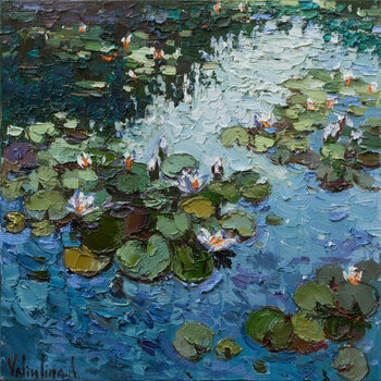 the image is an impressionist oil painting of water lilies in a pond. the water is a deep blue, with reflections of the sky and the surrounding trees. the lily pads are a vibrant green, and the flowers are a pristine white. the painting is full of light and movement, capturing the beauty of nature in a serene and tranquil setting.