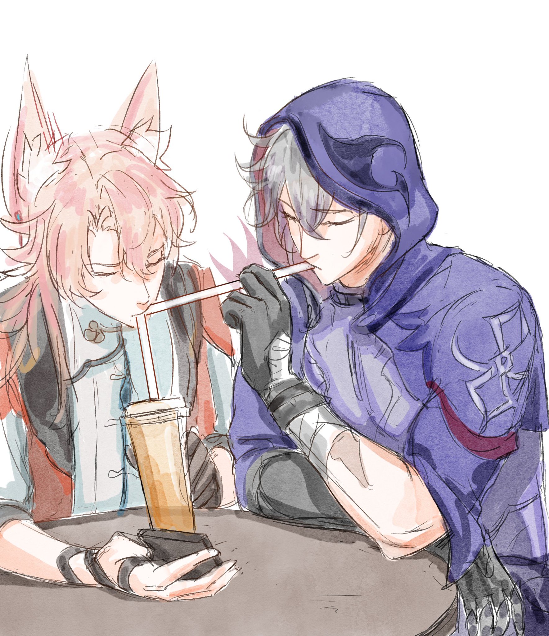 two anime boys are sitting at a table, drinking from a cup with a straw. the one on the left has fox ears, and wears a red and blue outfit, while the one on the right has white hair and is wearing a purple hoodie.