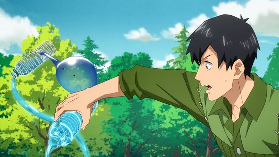 an anime character with short black hair and a green shirt is manipulating a stream of water with a plastic water bottle in a forest setting. the water stream is taking the shape of a person. the lighting suggests a bright, sunny day, with the perspective offering a side view of the dynamic action.