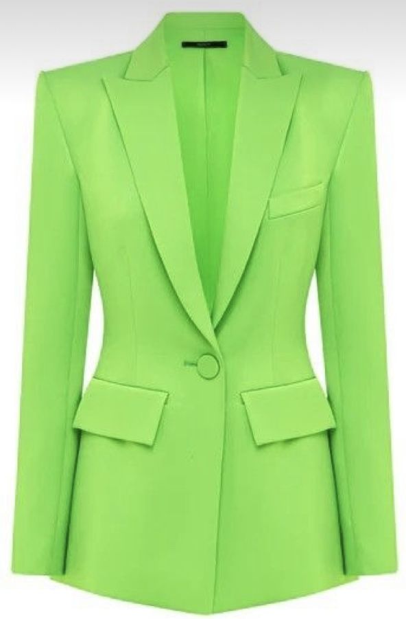 a bright green blazer is displayed. it has a single button closure, a notch lapel, and two flap pockets. it is tailored with a fitted silhouette.