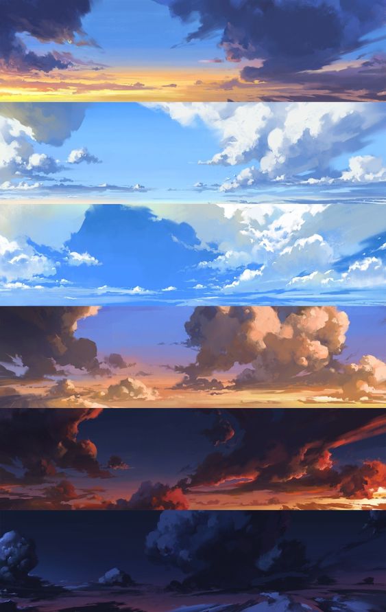 the image is a collage of six horizontal panels, each showcasing a different sky scene with varying cloud formations and lighting conditions.  from top to bottom, the panels depict a sunset with golden clouds, a bright blue sky with fluffy white clouds, a towering cumulus cloud against a blue sky, a sunset with pink and orange clouds, a dramatic sunset with dark, swirling clouds, and a night sky with deep blue and purple hues.