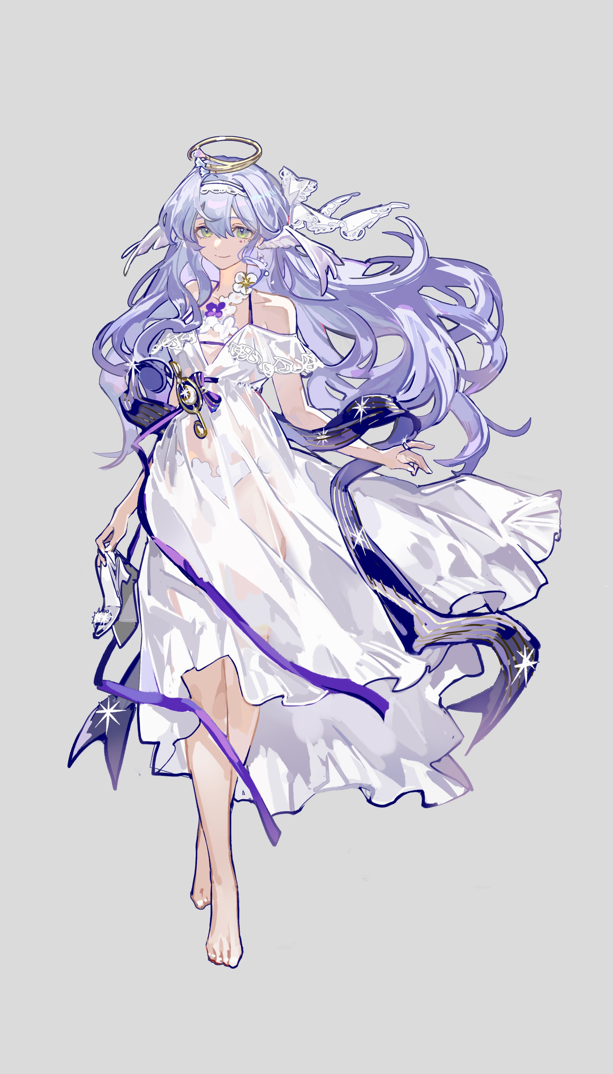 a digital drawing of an animestyle girl with long flowing blue hair and purple eyes. she has a halo above her head and is wearing a flowing white dress with purple accents. the style is reminiscent of fantasy or magical girl genres.