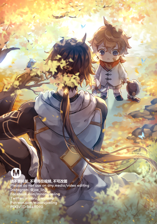 this is a digital painting of two anime girls in a forest setting. the girl in the foreground has long brown hair with a white and gold outfit, and is wearing a long white skirt. she is looking towards the left side of the image. the girl in the background is wearing a white outfit and a brown hat. she is walking towards the left side of the image. they are both smiling. the background of the image is a forest with trees and leaves in autumn colors. the overall tone of the image is whimsical and peaceful.