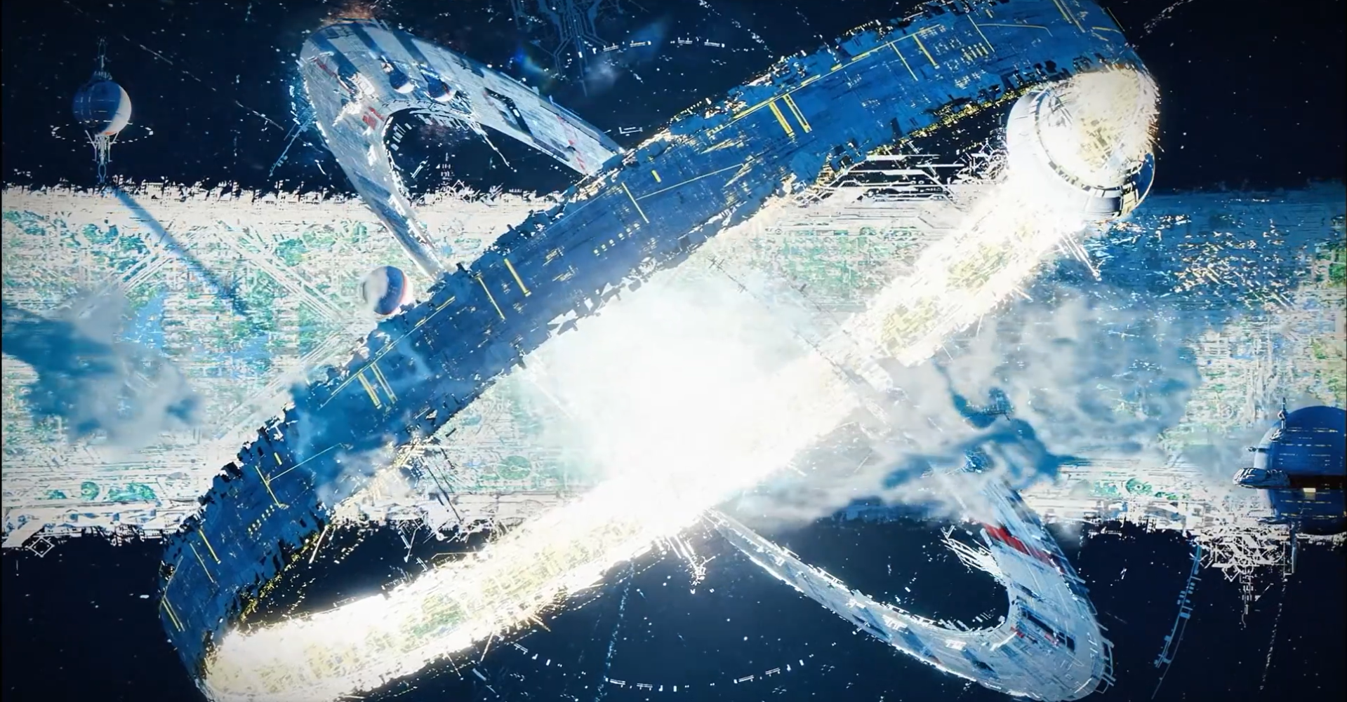 the image depicts a dramatic and chaotic scene in space.  a large, intricately detailed spaceship, appearing somewhat damaged or fragmented, is at the center. it's positioned in a way that suggests a collision or intense energy release.  bright, luminous trails emanate from it, suggesting powerful forces at play.  smaller spaceships or debris are scattered around the main vessel. the background features a swirling nebula or cosmic dust cloud,  adding to the overall sense of vastness and destruction. the overall style is futuristic and reminiscent of science fiction artwork.  the color palette is dominated by blues and whites, with contrasting highlights of brighter, almost white, light.