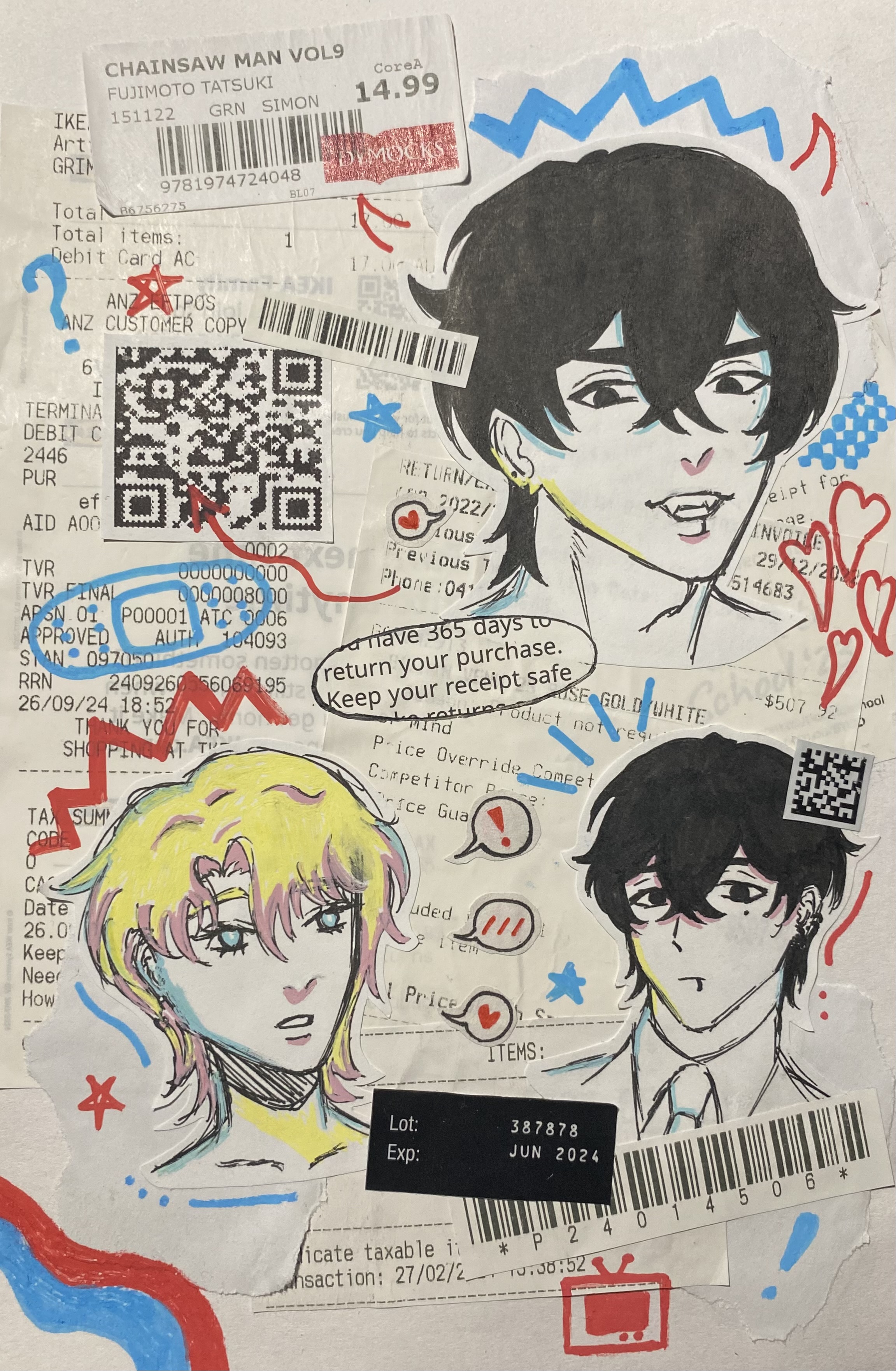 he image is a vibrant collage of artwork incorporating various elements: a receipt featuring a "chainsaw man vol.9" purchase; handdrawn animestyle character sketches, possibly inspired by chainsaw man or similar manga; and various stickers, doodles, and text fragments. the style is mixed media, combining elements of collage, drawing, and perhaps digital manipulation. the characters are expressive and the overall aesthetic is energetic and slightly chaotic. there's a focus on consumerism, subtly implied through the receipt details and the fragmented nature of the collage. the background is white, allowing the colorful elements to stand out.
