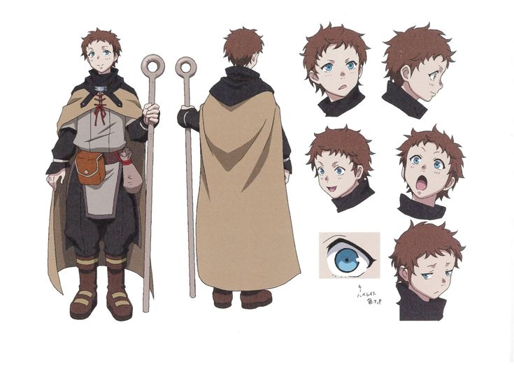 this is a character design of a young anime boy with brown hair and blue eyes. he is wearing a brown cloak, black tunic, and brown pants. he is carrying two magic staffs, one in each hand. the design also includes closeups of the boy's head from different angles, as well as a closeup of his eye.