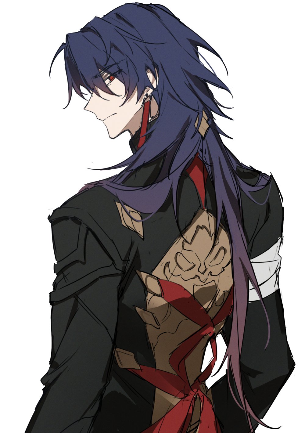 an illustration of a male anime character with long purple hair and red eyes. he is wearing a black outfit with a red ribbon and a red and gold design on the back. he appears to be a warrior or a fantasy character. the illustration is done in a sketch style and has a hint of elegance.