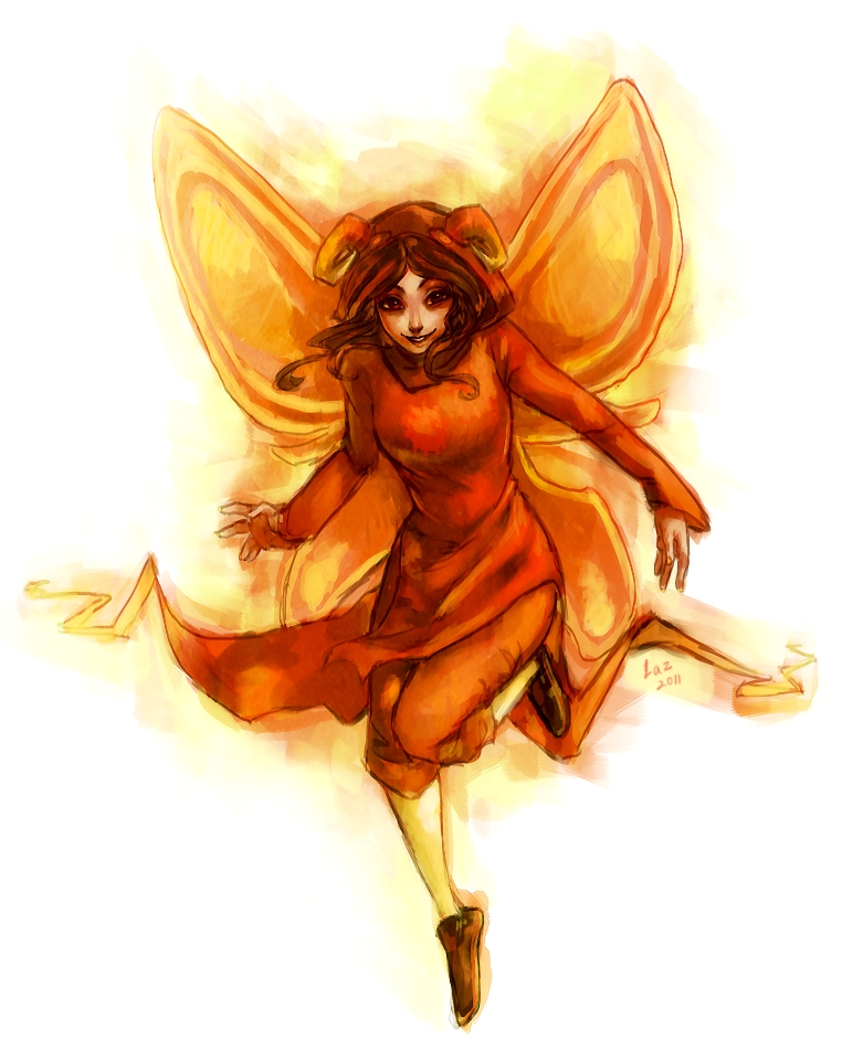 a drawing of an orange fairy with wings and a hood, wearing a longsleeved dress.