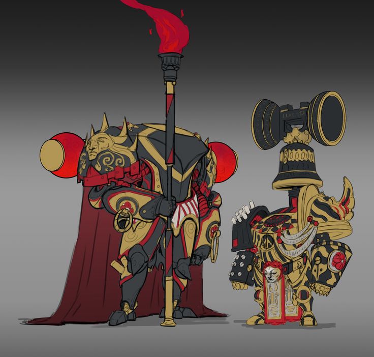 this is a digital illustration of two robot characters. the one on the left is a tall and bulky robot wearing gold and black armor with red accents. the robot is holding a staff topped with a red flame. the robot is wearing a large red cape. the robot on the right is a smaller robot with a bell on it's head and is wearing gold and black armor. the robot is wearing a smaller red cape. the robots are on a gray background.