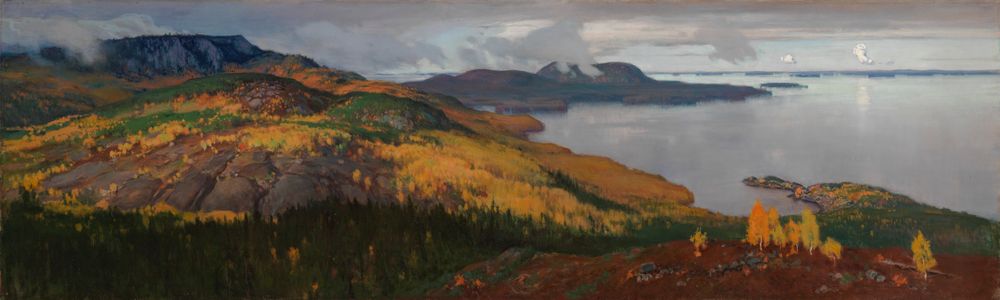 the painting depicts a vast landscape with mountains, a large lake, and autumnal foliage. the sky is overcast with gray clouds. the mountains are covered in green and yellow trees, indicative of autumn. the lake is calm and stretches far into the distance. in the foreground, there are rocky hills with sparse vegetation and a few brightly colored trees. the overall scene is a panoramic view of a natural landscape.