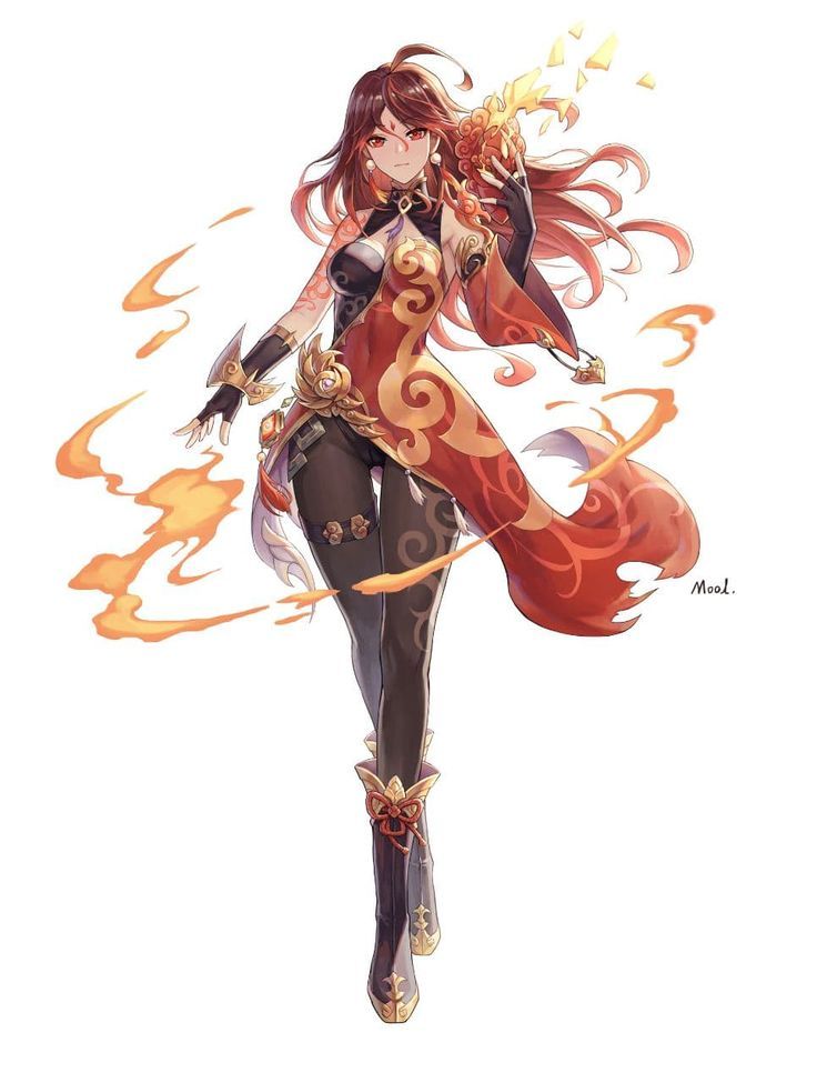 a digital art illustration of an anime girl with long red hair wearing a red and gold dress holding a staff in her hand. the girl is surrounded by flames and smoke. the background is white.  the art is signed "mool" in the lower right corner.