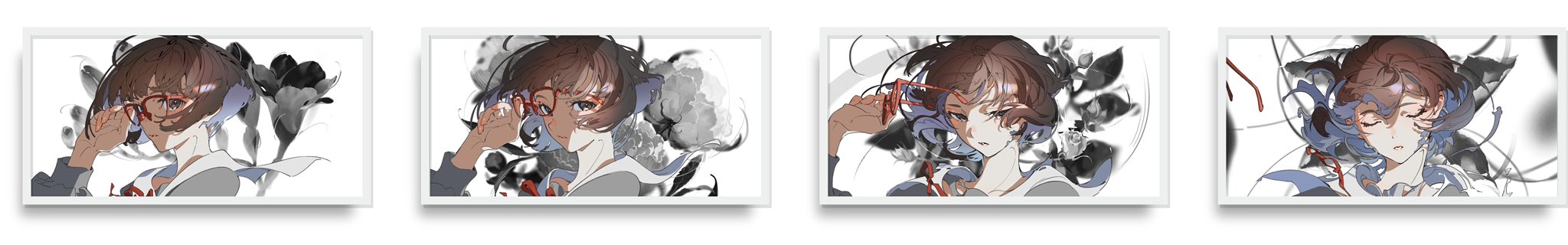 the image features four variations of an animestyle illustration of a girl with short brown hair and glasses. she is wearing a school uniform and is depicted adjusting her glasses with a thoughtful expression. the background is abstract and primarily rendered in shades of gray and black, with hints of red accents.