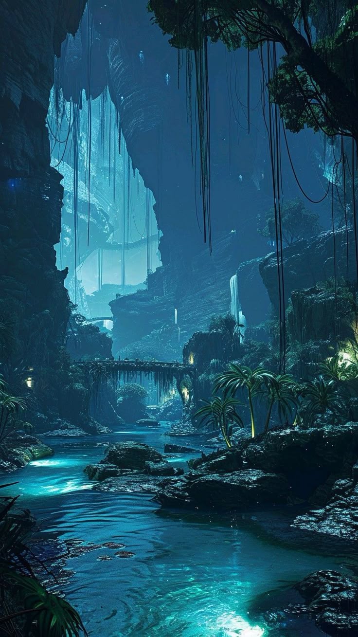 a stunning fantasy landscape features a vibrant turquoise river flowing through a lush jungle cave. a small bridge spans the river in the distance. tall rock formations and a waterfall can be seen, along with palm trees, dense vegetation, vines, and rocks.