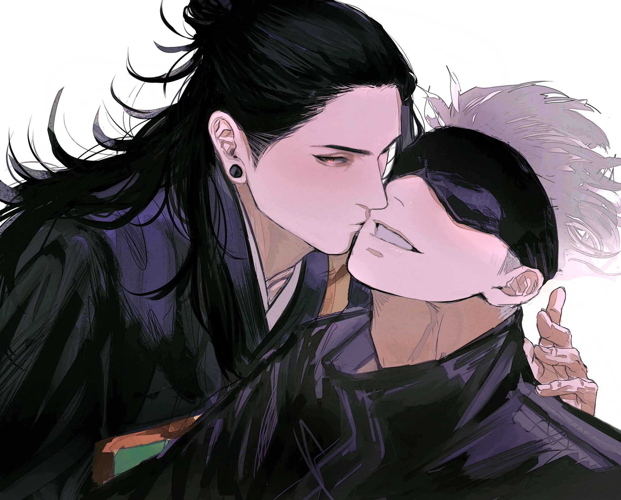 this is an anime drawing of two men in a loving embrace. the man on the left has long black hair and is wearing a dark jacket. the man on the right has short white hair and is wearing a black jacket and an eye patch. the man on the left is leaning in to kiss the man on the right on the cheek. the drawing is done in a soft, romantic style.