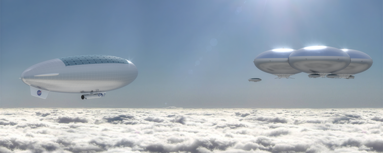 the image features a white airship with a large window on the side, floating in the sky above a sea of white clouds. in the distance, a group of three smaller, diskshaped airships are flying in formation, with one smaller airship slightly in front of the others. the image is a representation of futuristic air travel, with the airships symbolizing a more sustainable and efficient mode of transportation for the future.