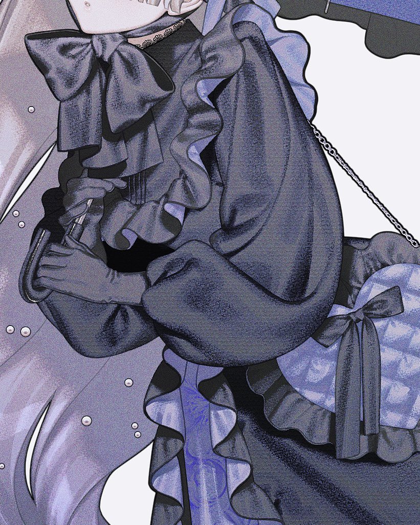 the image is a digital painting or illustration of an animestyle girl wearing a darkcolored, ruffled gothic lolitastyle dress.  she is holding an umbrella and a purse with a chain. the color scheme is predominantly dark purples and blues, creating a mysterious and elegant atmosphere. the details of the clothing are intricately rendered, highlighting the ruffles, bows, and other decorative elements. the girl's face is partially obscured, adding to the overall mysterious mood.  the style leans towards a blend of gothic and lolita fashion with a touch of fantasy elements.